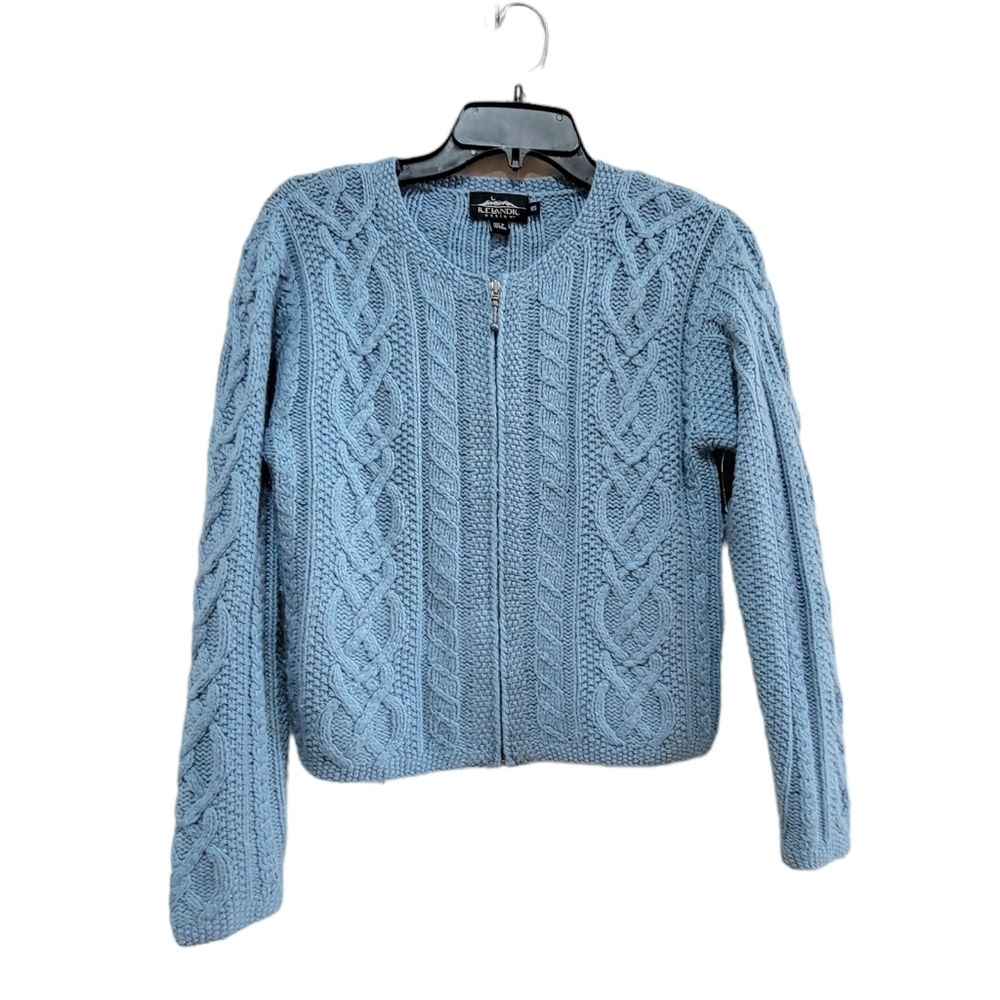 Icelandic Design Blue Cableknit Full Zip Crewneck Sweater Angora Silk Size XS